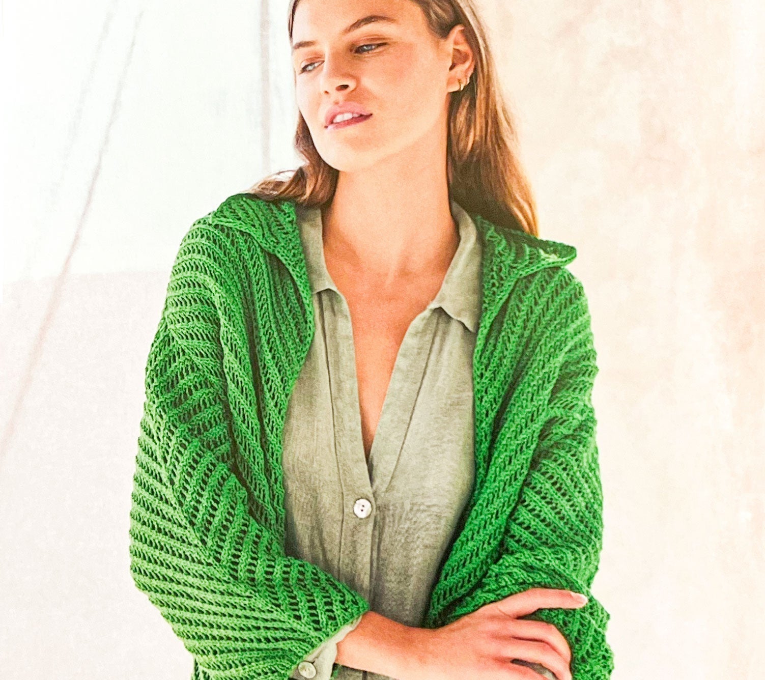 הוראות סריגה ז׳קט ירוק מכותנה