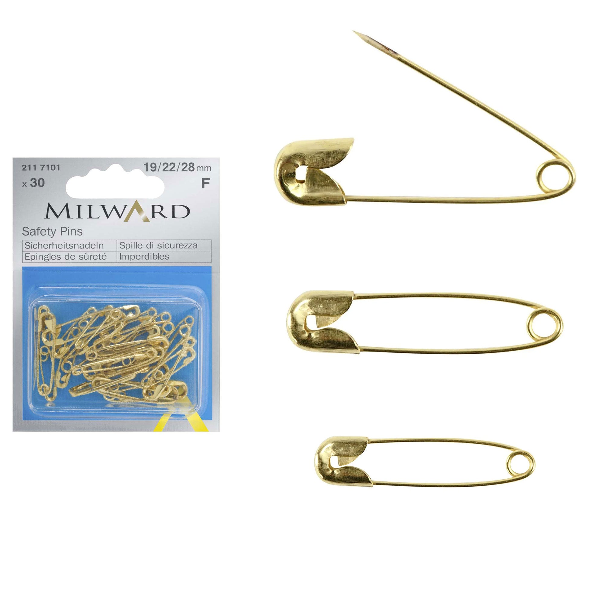 סיכות ביטחון מיקס זהב 19/22/28 מ"מ, 30 יח׳